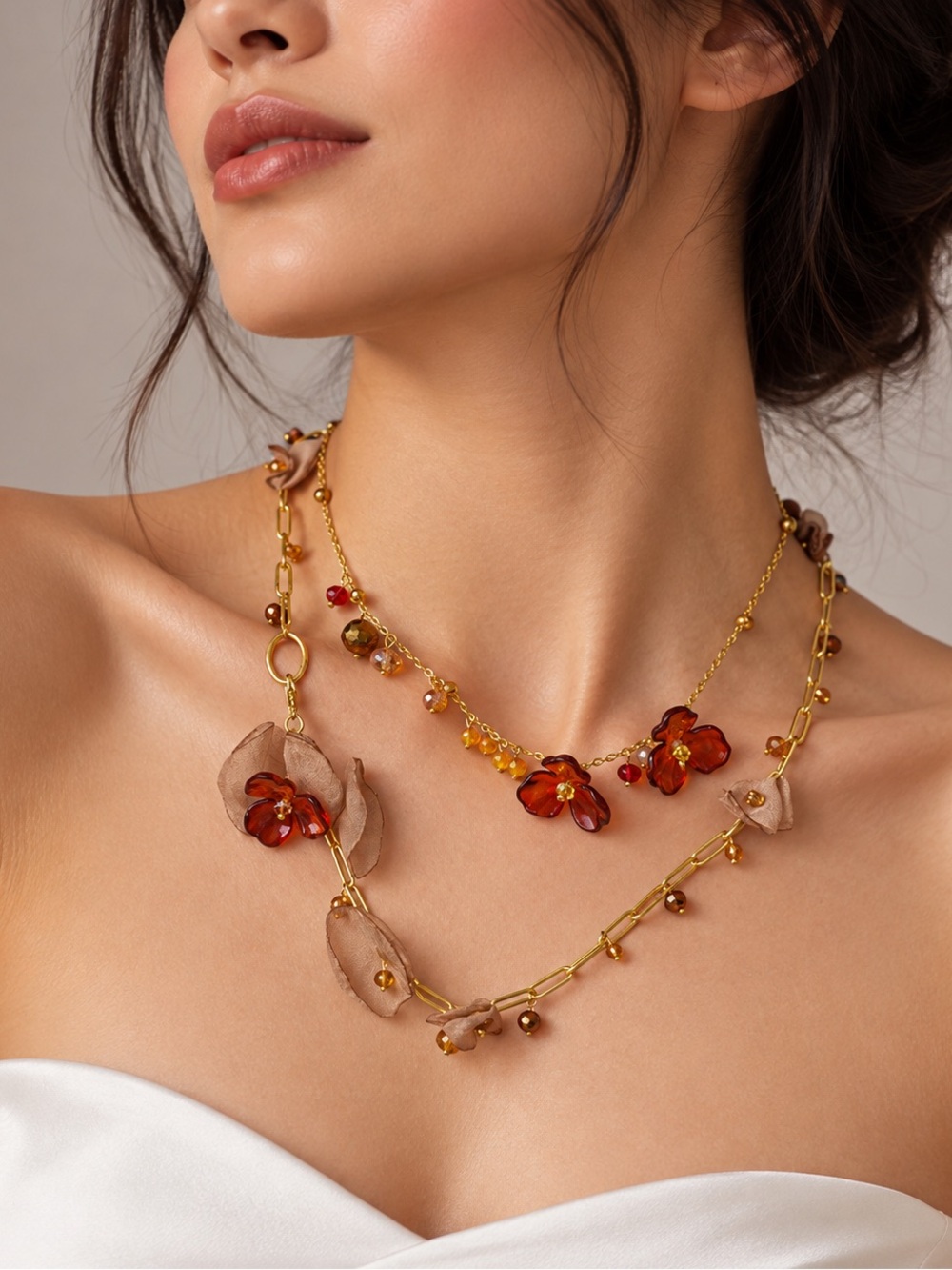 Gold Floral Red Resin Double-Layer Necklace - Designer Style